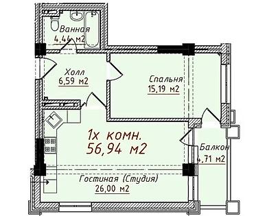 kant flat: 1 комната, 59 м², Золотой квадрат Элитка, 10 этаж — 1