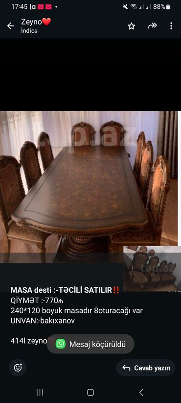 Mətbəx mebeli: *MASA desti :-TƏCİLİ SATILIR‼️* QİYMƏT :-770₼ 240*120 boyuk masadır