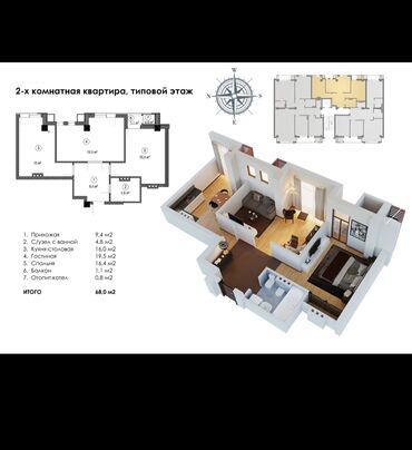 дома в канте: 2 комнаты, 66 м², Элитка, 3 этаж, ПСО (под самоотделку)