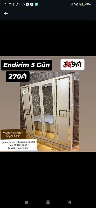 stullar ev ucun: Güzgülü 4 qapılı şkaf - Endirim: 5 gün - Qiymət: 270₼ (əvvəlki 390₼ — 1
