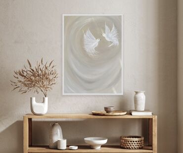 Сундуки: Minimalist tablo – “Ağ göyərçinlər” yağlı boya - Mövzu: yumşaq