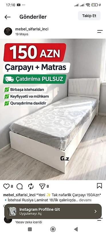 Tək nəfərlik çarpayı + matras dəsti - Qiymət: 150 AZN (çarpayı + lalafo.az -da Tək nəfərlik çarpayı + matras dəsti - Qiymət: 150 AZN (çarpayı +