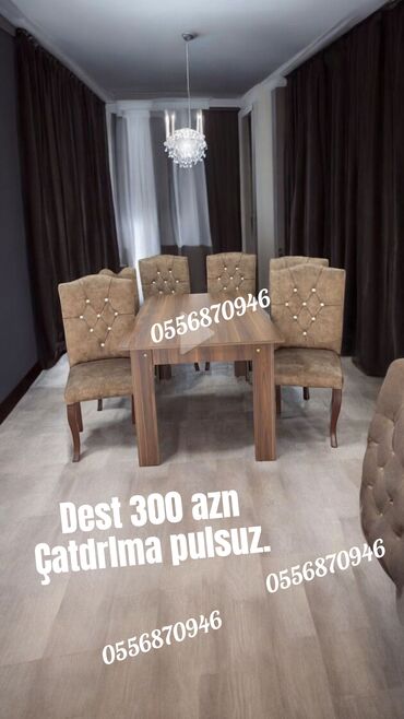 Masa və oturacaq dəstləri: Qonaq otağı üçün, Yeni, Açılmayan, Dördbucaq masa, 6 stul — 6