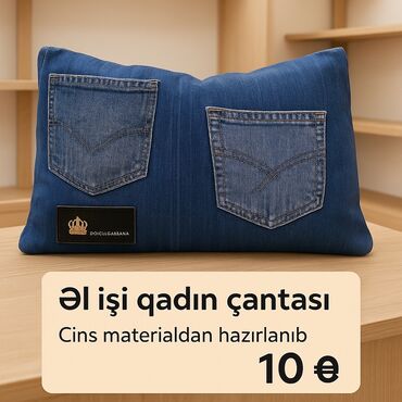 dəst çantalar: Əl işi qadın çantası - Cins materialdan hazırlanıb Tamamilə əl