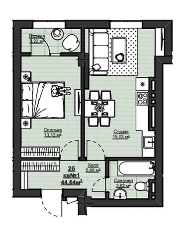 маариф: 1 комната, 45 м², Асанбай мкр Элитка, 12 этаж, ПСО (под самоотделку) — 2