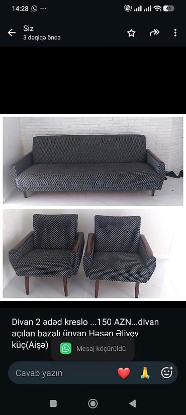Divan 2 ədəd kreslo . 150 AZN. divan açılan bazalı ünvan Həsən lalafo.az -da Divan 2 ədəd kreslo . 150 AZN. divan açılan bazalı ünvan Həsən