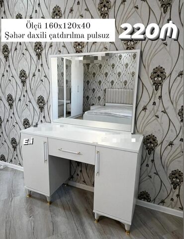 Бытовая химия: Ağ rəngli makiyaj masası və iri güzgü dəsti. - Ölçü: 160 × 120 × 40
