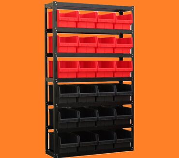 Полки, стеллажи, этажерки: Складской стеллаж с чёрными и красными ящиками ст. 700 - предназначен