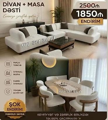 Divan + Masa Dəsti - Dəst: yumşaq fakturalı, açıq rəngli L formalı