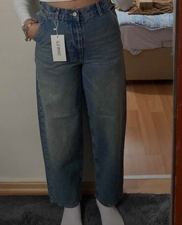 Джинсы: Qadınlar üçün klassik mavi denim şalvar - Model: düz kəsim, hündür