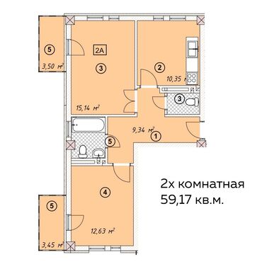 Продажа квартир: 2 комнаты, 59 м², Элитка, 2 этаж, ПСО (под самоотделку)