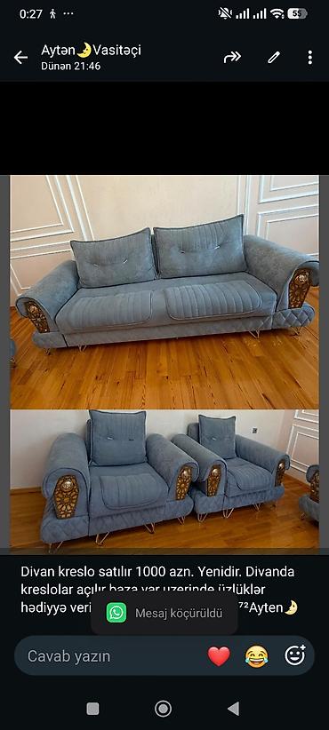 Divan kreslo satılır 1000 azn. Yenidir. Divanda kreslolar açılır baza