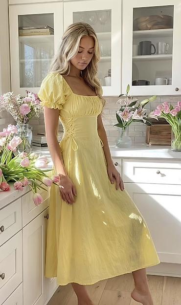 Qadın geyimləri: Sarı rəngdə romantik stil qadın paltarı - Model: midi uzunluqda — 1