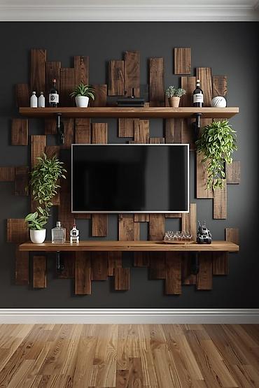 vinil panel: Məhsul: Taxta dekor və işıqlandırma həlləri (TV vurğu divarı, rəfli — 2