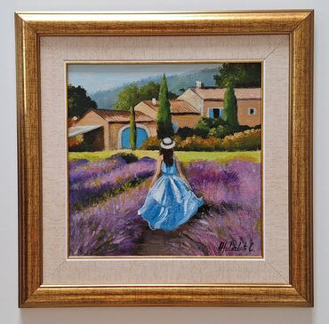 Ulje na platnu Devojka u polju lavande, prelepo umetnicko delo. Slika