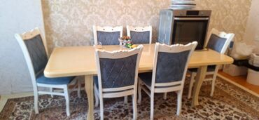 İşlənmiş, Dördbucaq masa, 6 stul, Açılan masa, Qonaq otağı üçün, Azərbaycan