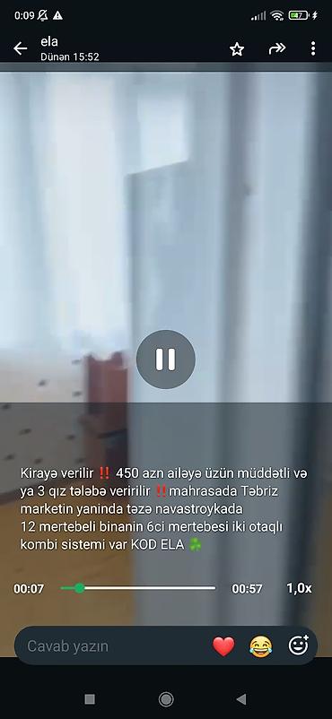satisda olan evler: Kirayə verilir: Mahrasada, Təb­riz marketinin yanında, yeni tikili — 1
