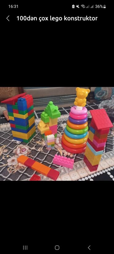 18 oyuncaqlar: 100 den cox lego oyuncaq ve rengli piramida.cemi 18 manat.baha almiwiq
