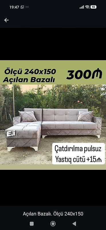 Künc divan – açılan və bazalı model - Ölçü: 240 x 150 sm - Mexanizm