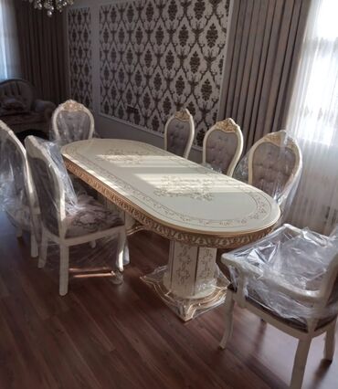 Masa və oturacaq dəstləri: Qonaq otağı üçün, Yeni, Açılmayan, Dördbucaq masa, 6 stul — 6