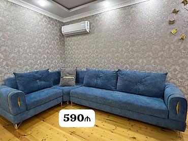 divan ayagi: Divan satılır – 590₼ - L‑şəkilli, mavi rəngdə yumşaq parça üzlüklü - — 1