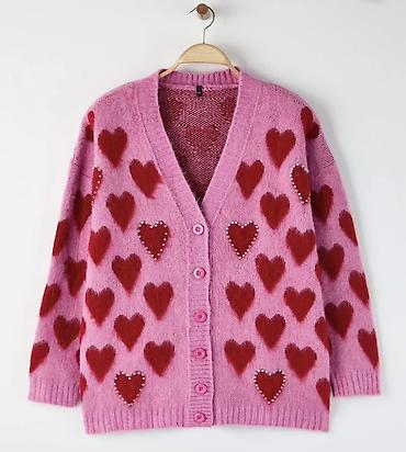 oversize jaket: Qadın kardiqanı – ürək naxışlı - Rəng: çəhrayı fon üzərində qırmızı — 5