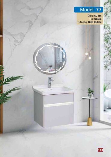 Лакокрасочные материалы: Model 77 hamam mebeli dəsti, 60 sm ölçüsündə, Çaşka tipli lavabo və