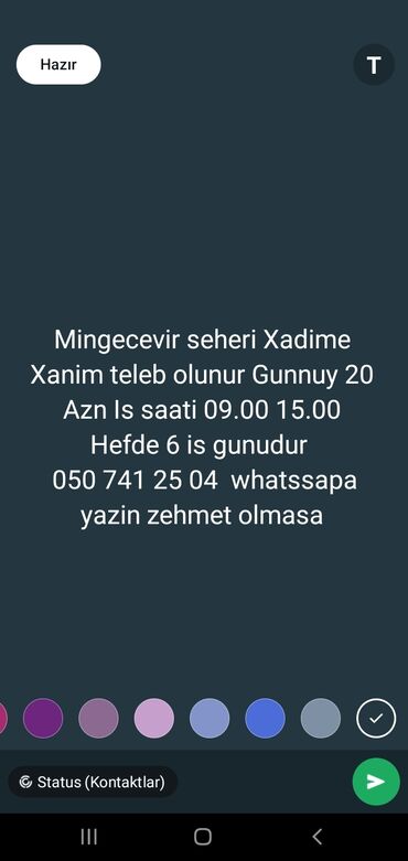 temizlikçi: Xadimə tələb olunur, İstənilən yaş, 1-2 illik təcrübə, 1/1, Gündəlik ödəniş