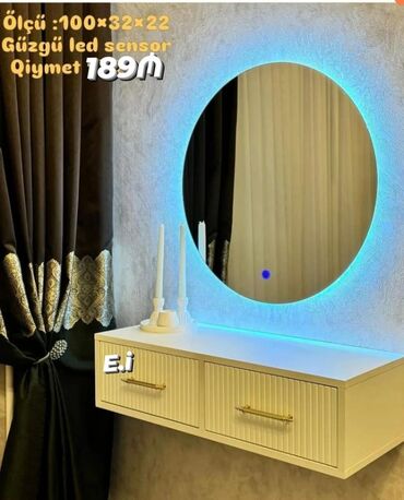Pufiklər: LED sensorlu güzgü və asma konsol - Ölçü: 100 × 32 × 22 - Dəyirmi