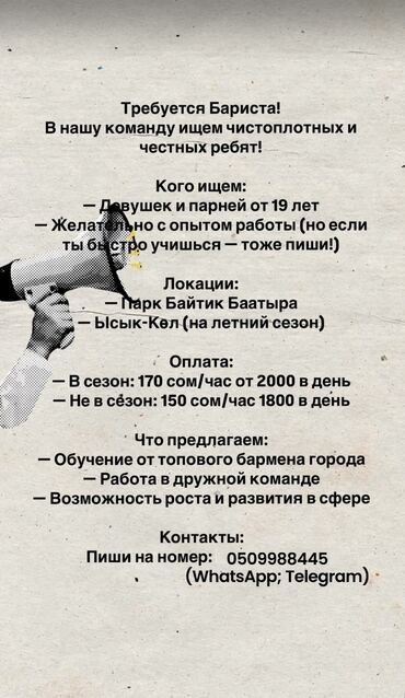 летние: Требуется Бариста, Оплата Почасовая, Без опыта