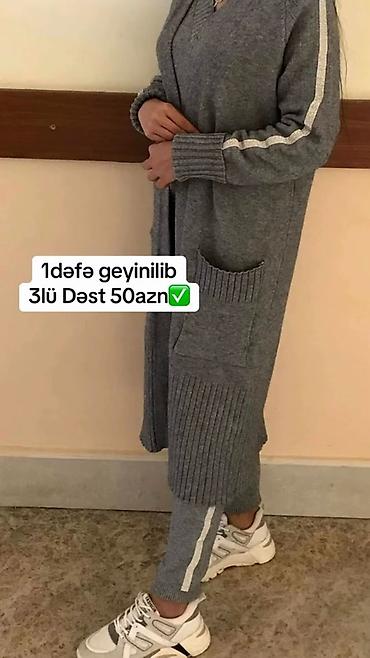 Üst geyimi: Qadın geyimləri - Boz trikotaj 3-lü dəst: uzun kardiqan (ön ciblər — 1
