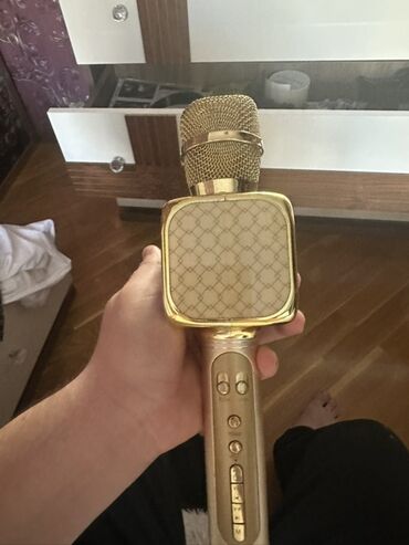 bluetooth mikrofon karaoke: Qızılı rəngli portativ karaoke mikrofonu və hoparlör - 2-si 1-də