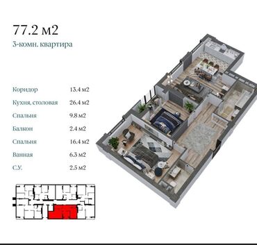 Продажа квартир: 3 комнаты, 77 м², Элитка, 5 этаж, ПСО (под самоотделку)