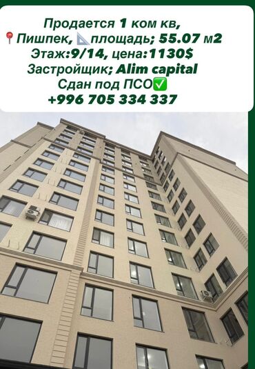 сдаётся квартира в районе пишпек: 1 бөлмө, 55 кв. м, Элитка, 9 кабат, ПСО (өзү оңдоп түзөтүп бүтүү үчүн)