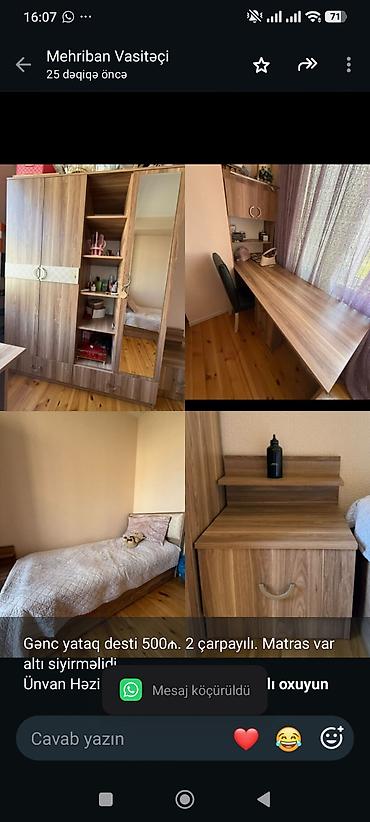 Gənc yataq desti 500₼. 2 çarpayılı. Matras var altı siyirməlidi