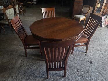 Setovi stolova i stolica: Drveni trpezarijski set – okrugli/višekutni sto sa 4 stolice - — 1