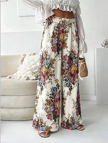 braon baletanke: Ženske široke pantalone sa cvetnim printom. - Model: široke,lepršave — 1