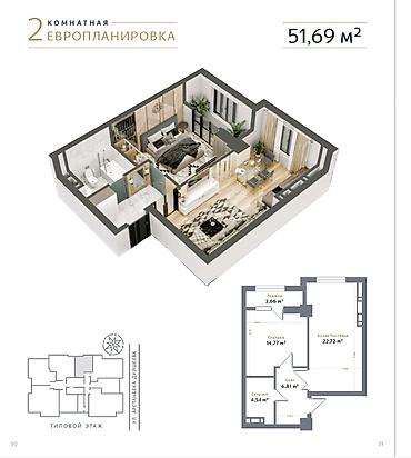 Продажа квартир: 2 комнаты, 52 м², Асанбай мкр Элитка, 10 этаж, ПСО (под самоотделку) — 3