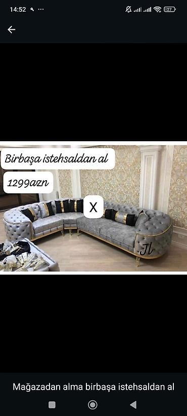 L‑şəkilli künc divan – klassik-lüks üslub - Rəng: boz (kül rəngi)