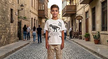 ayaqqabı мокасини: Uşaq üçün qısaqol köynək – “Qədim şəhərin cavan dinozavri” dizaynı - — 2