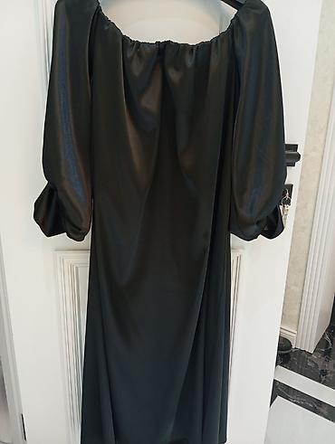 Qadın geyimləri: Qara atlas effektli paltar - Model: off-shoulder (rezinli geniş — 2