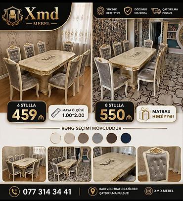 Masa və oturacaq dəstləri: Masa və 6 stul dəsti – Xmd • Komplekt: 1 yemək masası + 6 ədəd stul — 253