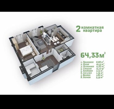 купить квартиру с последующим выкупом: 2 комнаты, 63 м², Элитка, 9 этаж, ПСО (под самоотделку)