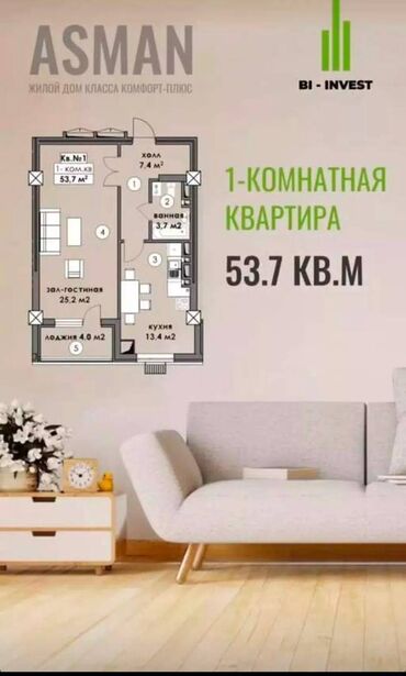 снять квартиру без риэлтора: 1 комната, 53 м², Элитка, 8 этаж, ПСО (под самоотделку)