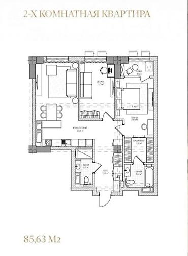 2 комнаты, 86 м², Асанбай мкр Элитка, 11 этаж, ПСО (под самоотделку)