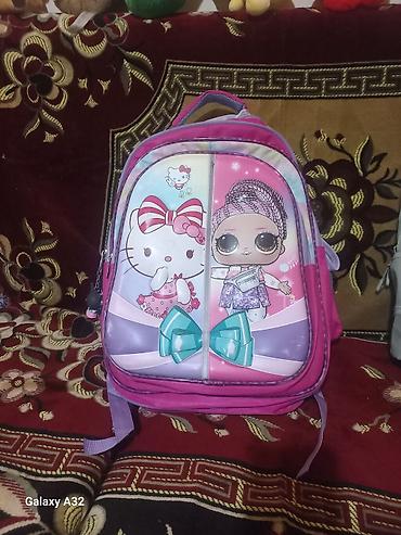 mektebli çanta: Uşaq üçün məktəb çantası - Rəng: çəhrayı bədən, bənövşəyi detallarla — 4