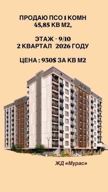 квартира мурас: 1 бөлмө, 46 кв. м, Элитка, 9 кабат, ПСО (өзү оңдоп түзөтүп бүтүү үчүн)