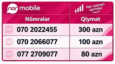 Nar nömrələr satılır: - 070 2022455 — 300 AZN - 070 2066077 — 100 AZN