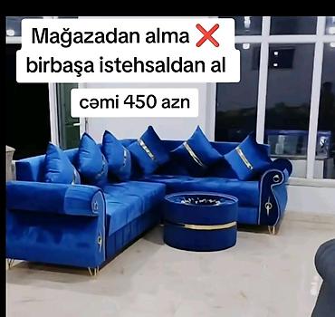 Divan və masa dəstləri: Mavi rəngdə L formalı yumşaq künc dəsti və uyğun puf/çay masası. - — 1