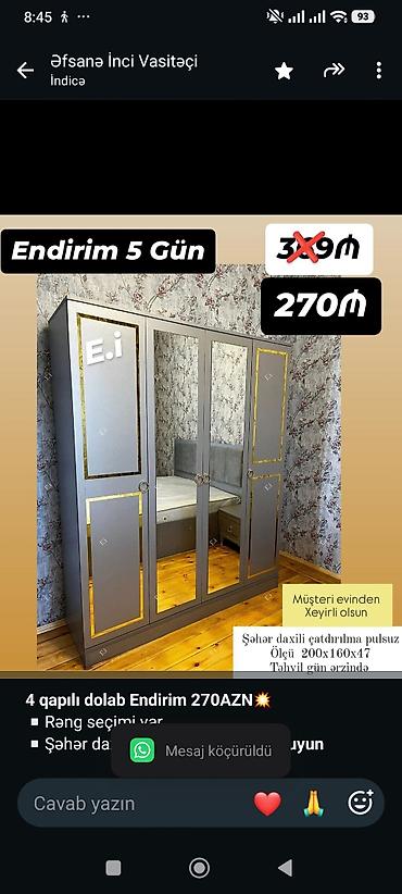 *4 qapılı dolab Endirim 270AZN💥* ▫️Rəng seçimi var ▫️Şəhər daxili